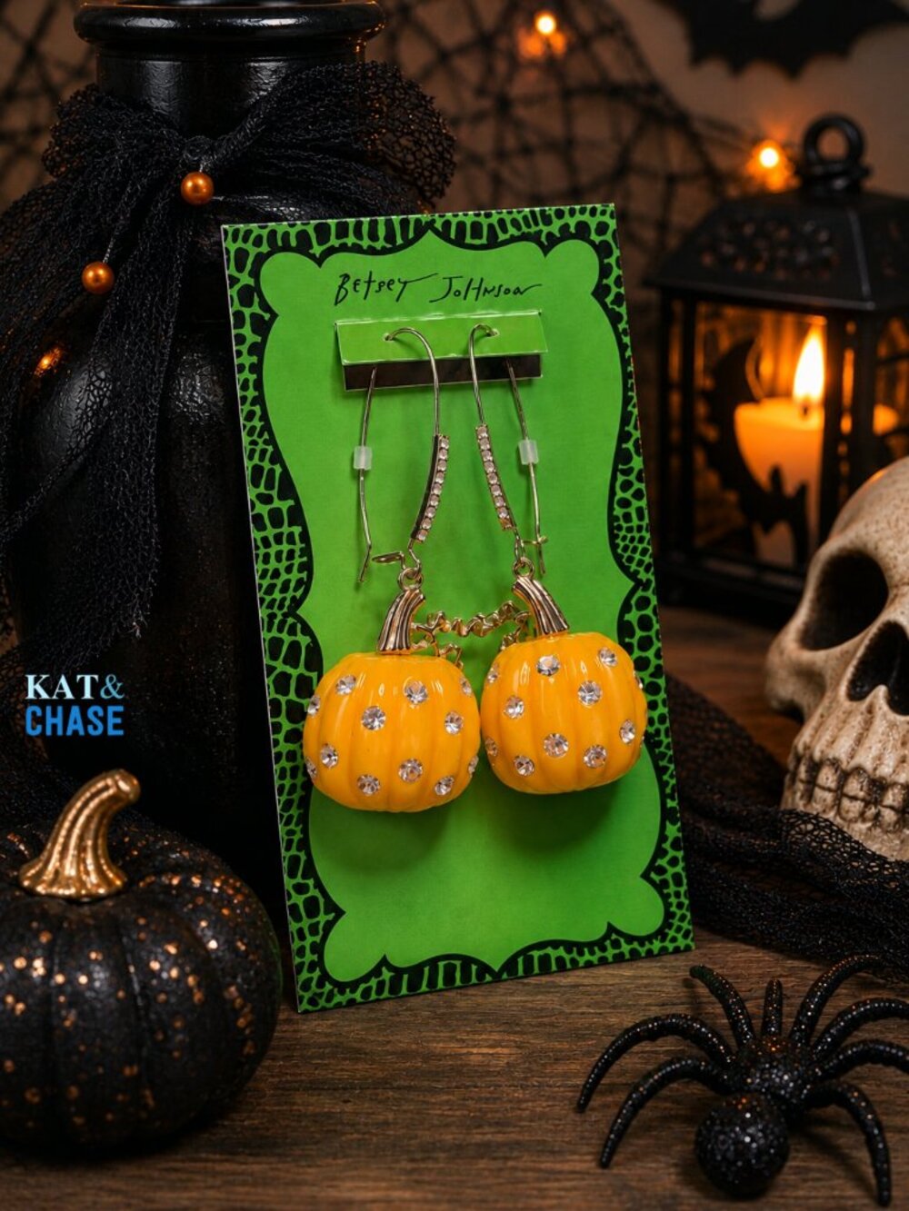 2026 Betsey Johnson Pumpkin Shepard Hook Earrings Halloween Orange Crystal